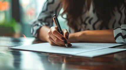 Female hand holding pen and signing contract legal agreement buy or sell service business profitable confirm document deal done,