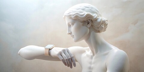 This image juxtaposes a classical marble bust of a woman with a modern smartwatch, creating an intriguing contrast between the timeless and the contemporary. 