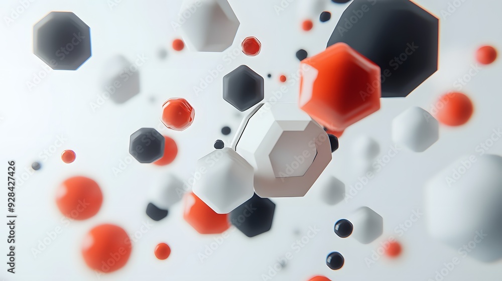 Poster 34. abstract 3d composition of floating hexagons and spheres in a modern geometric pattern against w