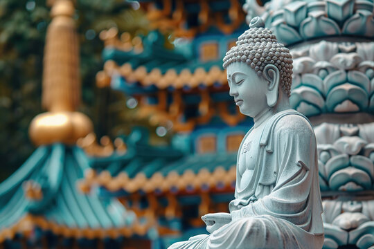 Beautiful greeting card with ancient statue great Buddha to bright holiday composition