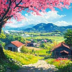 Whimsical Anime Village: A Vibrant Anime-Style Pastoral Landscape Blended with Colorful Elements and Impressionist Touches, the Quintessence of Leisurely Retreats and Idyllic Travel Posters in 4K Wall