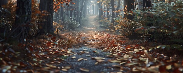 Forest path covered in autumn leaves, 4K hyperrealistic photo