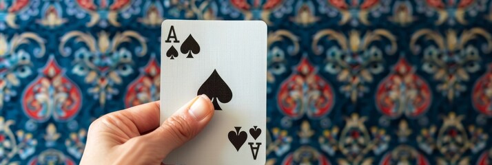 Fototapeta na wymiar A hand holds up the Ace of Spades playing card, showcasing its iconic design against a vibrant, patterned backdrop. The card symbolizes luck, power, and the start of a game or a new beginning.