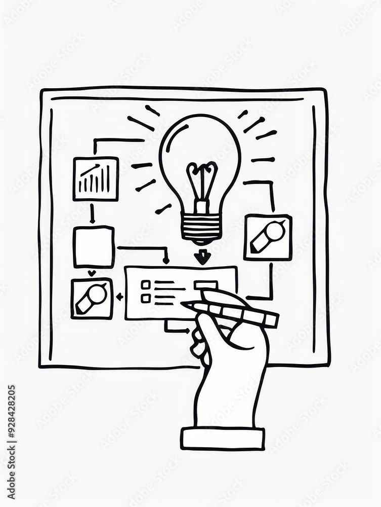 Poster a hand is drawing a flowchart on a whiteboard, illustrating the process of brainstorming and develop