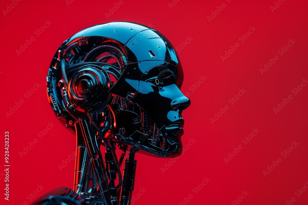 Poster a futuristic black robotic head against a vibrant red background showcasing advanced design and tech