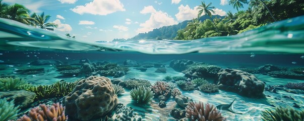 Crystal clear water with coral reef, 4K hyperrealistic photo