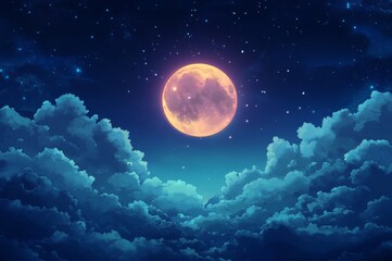 Enchanted anime-style Skies: A Stylized Illustration of the Full Moon Peeking Through Clouds, the Pinnacle of Fantasy Travel Posters and 4K Wallpapers for Enthusiasts,Anime-Style,illustration,Picture 