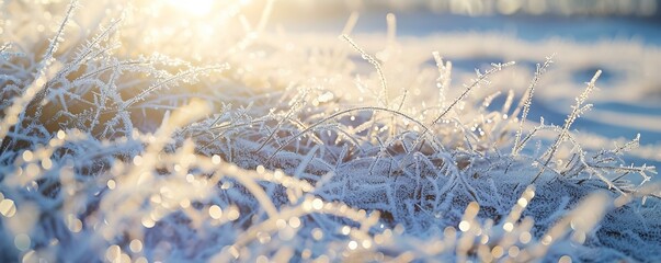 Chilly winter morning with frost-covered grass glistening in the sunlight, 4K hyperrealistic photo