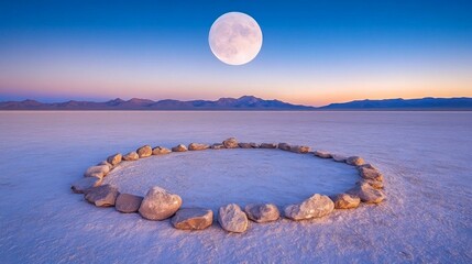 A serene moment under the full moon over a salt flat with a stone circle during twilight