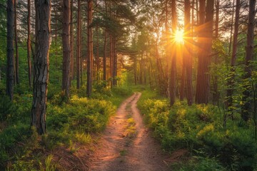 Fototapeta premium Scenic forest trail with sunset view ideal for walking or biking on dirt road