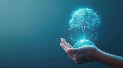 A hand holding a glowing tree growing on a digital globe, symbolizing growth and global connection through technology