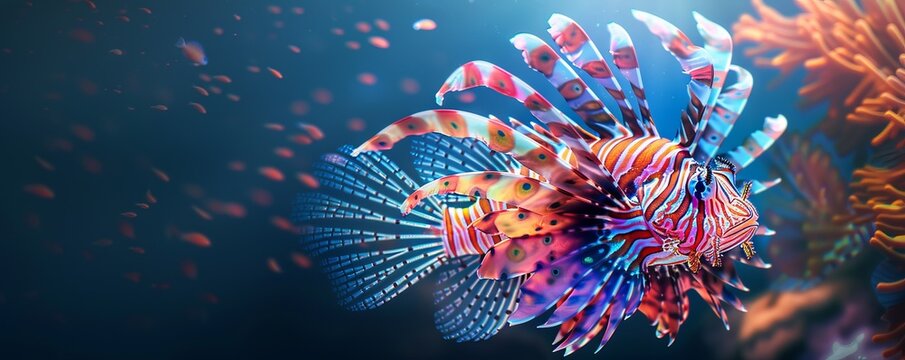 Beautiful lionfish displaying its vibrant fins, 4K hyperrealistic photo