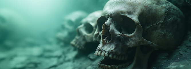 Aged Skulls in Mysterious Foggy Setting with Copy Space for Custom Text Graphic