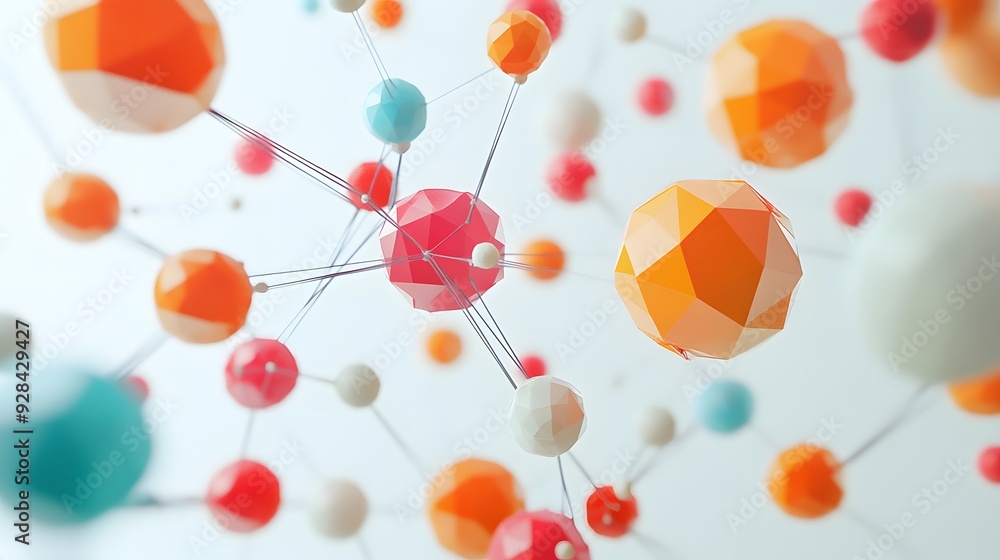 Poster 38. interconnected, floating geometric prisms and spheres forming a complex 3d pattern against a cle