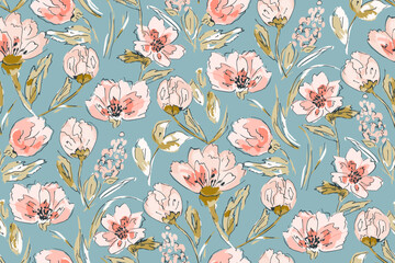 Cute feminine watercolor seamless pattern with wildflowers.hand drawn, not AI
