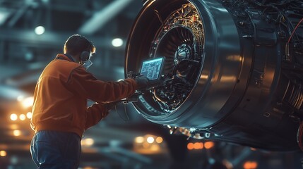 A mechanic inspects the inner workings of an aircraft engine with a digital tablet.