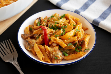 Homemade Fajita Pasta Bake on a Plate, side view.