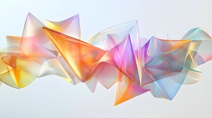 40. Floating, translucent geometric shapes forming a dynamic and modern 3D arrangement against white.