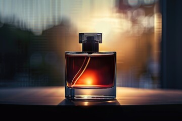 Close-up view of a perfume bottle on a table