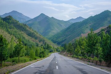 Naklejka premium Scenic natural landscape in Xinjiang China with asphalt road and green forest