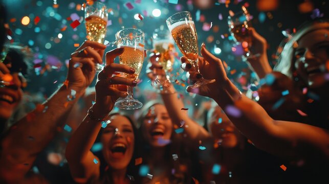 Friends celebrating with colorful shots, surrounded by confetti and streamers, at a New Year's Eve party.