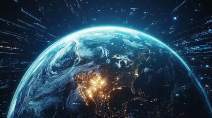 Digital data streams flow around the Earth at night.