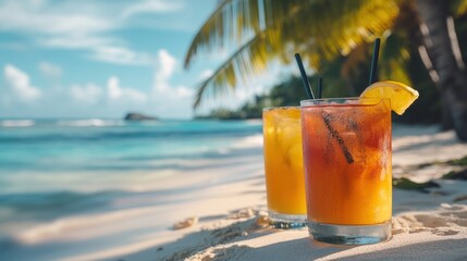 Bright and colorful cocktails on a tropical beach, with palm trees, clear blue water, and white sand creating an ideal summer vacation scene.