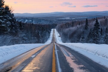Obraz premium Scenic road with yellow line and snow at sunset near Mont Mégantic park in Quebec