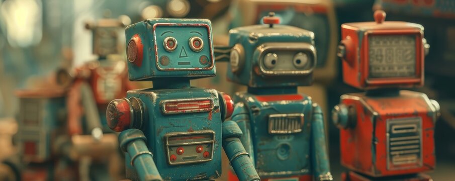Vintage toy collection with tin robots, 4K hyperrealistic photo