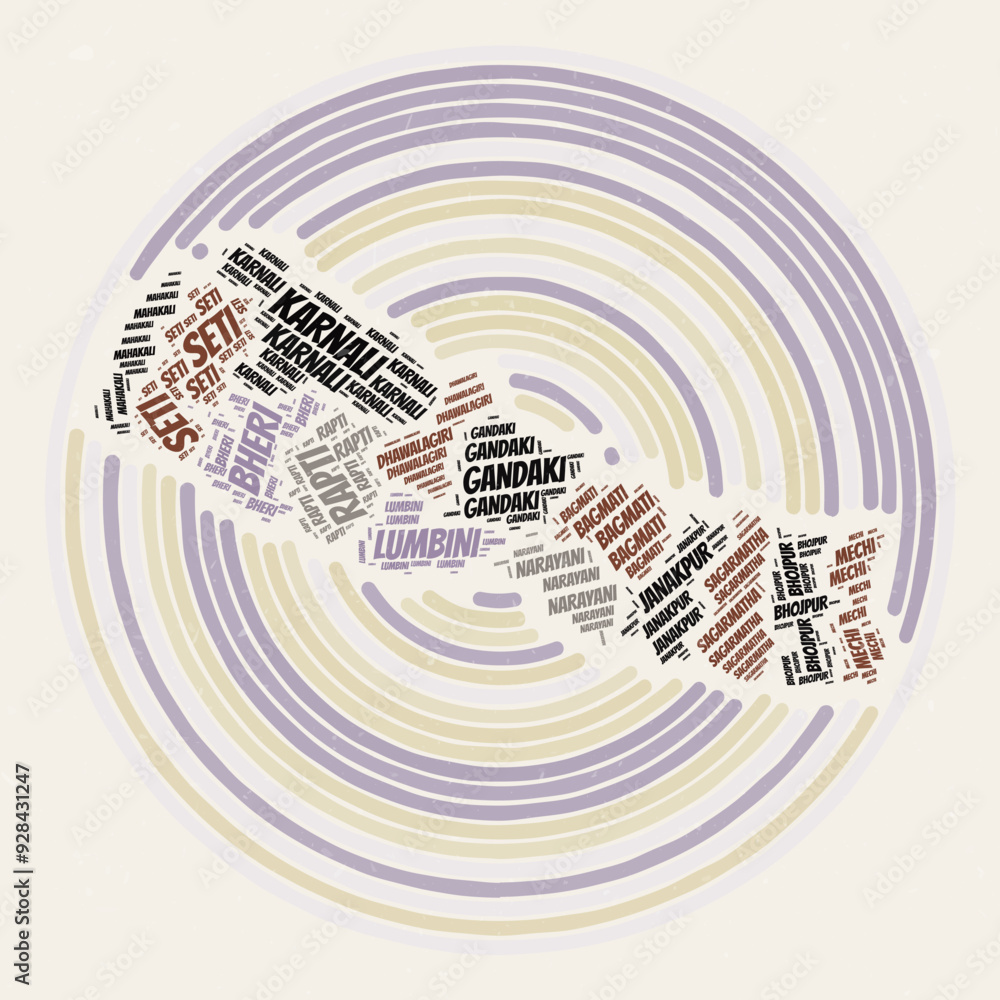 Poster nepal round poster. typography style image of the country. regions word clouds of nepal. vintage ima