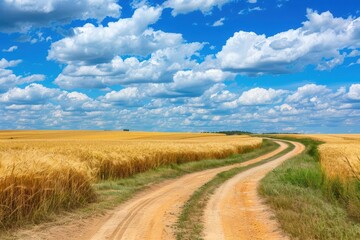 Naklejka premium Scenic rural view with wheat field blue sky white clouds dirt road
