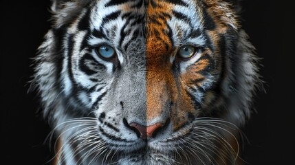 Fototapeta premium tiger, black background, blue eyes, symmetrical composition, closeup photo of face