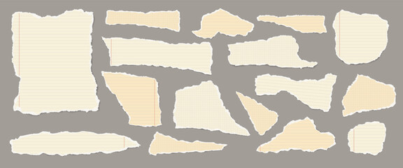 Set of torn yellow note paper pieces, strips are on dark grey background for text, notes or ad.