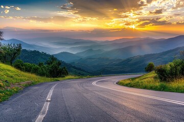 Fototapeta premium Scenic sunrise view of asphalt highway and mountains
