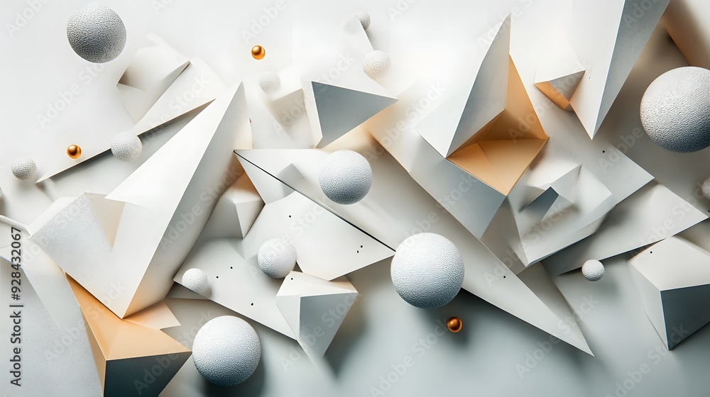 Poster 29. geometric wall art with floating, angular prisms and spheres creating a futuristic look on a whi