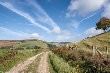Scenic view of a dirt track in South Downs under blue sky