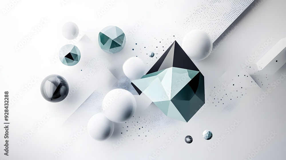 Poster 29. geometric wall art with floating, angular prisms and spheres creating a futuristic look on a whi