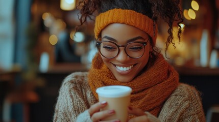 A smiling woman drinking milk and browsing her phone at a trendy coffee shop, with a relaxed atmosphere and contemporary design.