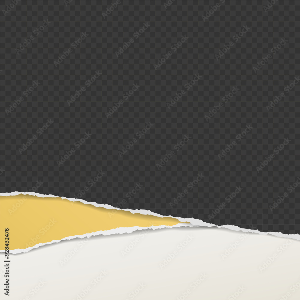 Poster black, yellow paper strips with torn edges and soft shadow are on squared background for text or ad.