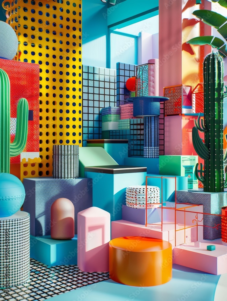 Poster a playful and colorful composition featuring geometric shapes, vibrant colors, and a variety of text