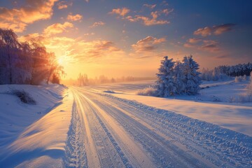 Naklejka premium Scenic winter road leading to sunset view