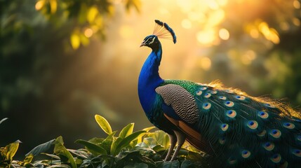 Fototapeta premium A peacock in a dramatic pose, feathers fully unfurled, creating a breathtaking natural spectacle, with soft sunlight filtering through leaves.