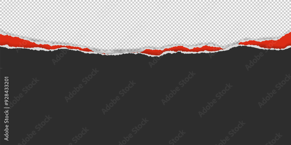 Poster black, red paper strips with torn edges and soft shadow are on squared background for text or ad.
