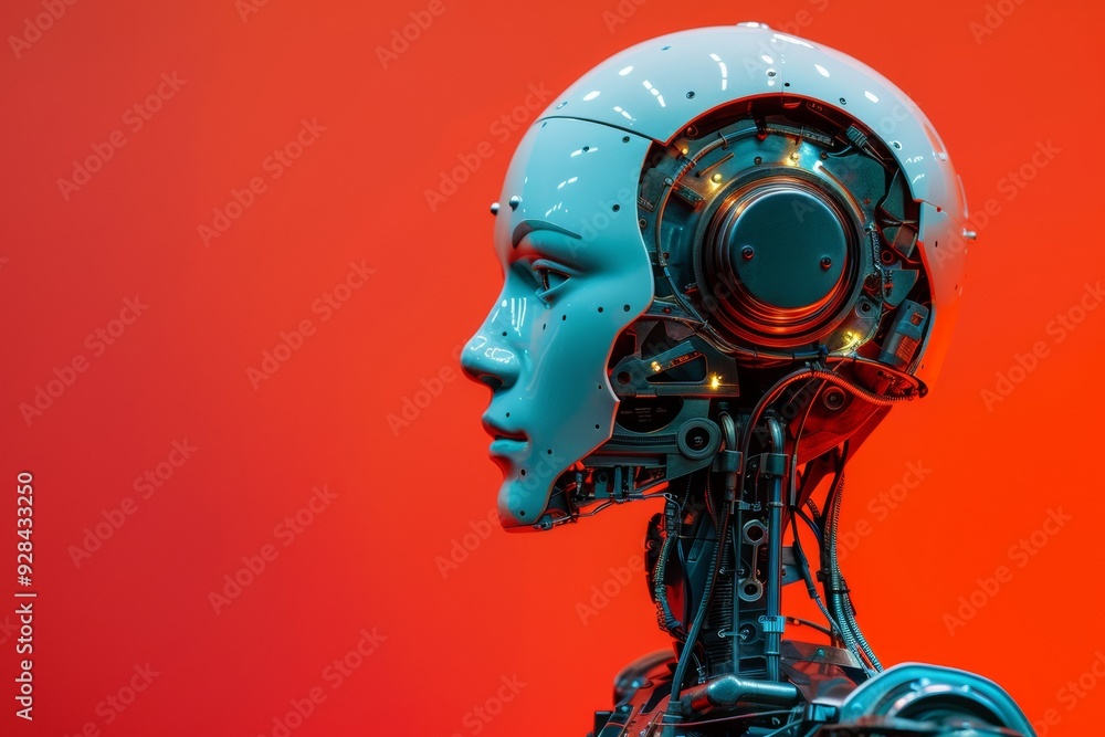Poster close-up of a futuristic robot head with intricate circuitry and glowing elements against a vibrant 