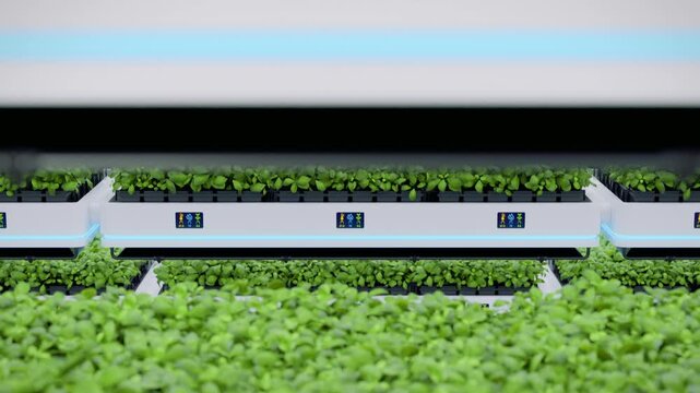 Autonomous farm robots transporting organic grown herbs in automated vertical greenhouse. Vertical smart farming concept. Future sustainable agriculture technology. 3d animation rendering