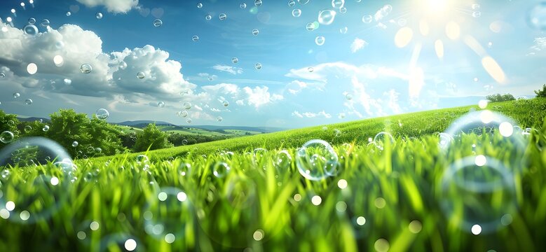 A Frutiger Aero style background featuring a green field with clouds and bubbles, presenting a clean and modern design with an airy and whimsical aesthetic.