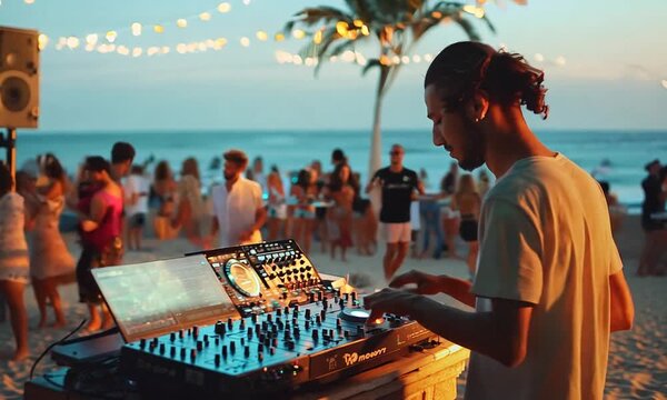 Dj mixing outdoor at beach party festival with crowd of people at sunset