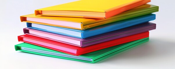Stack of colorful notebooks on white background, 4K hyperrealistic photo