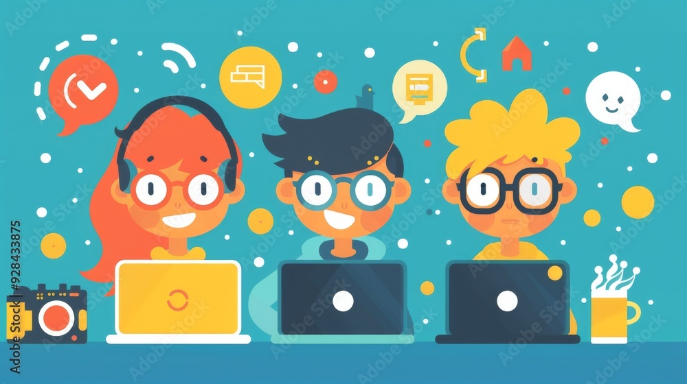 Poster cartoon vector bloggers collaborating on content creation with laptops and cameras