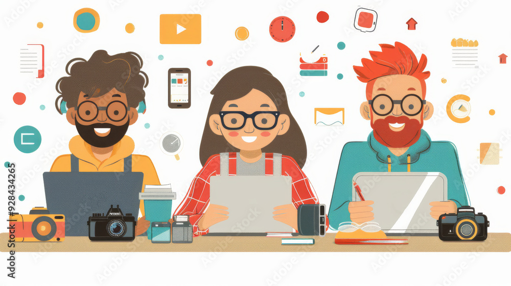 Poster cartoon vector bloggers collaborating on content creation with laptops and cameras